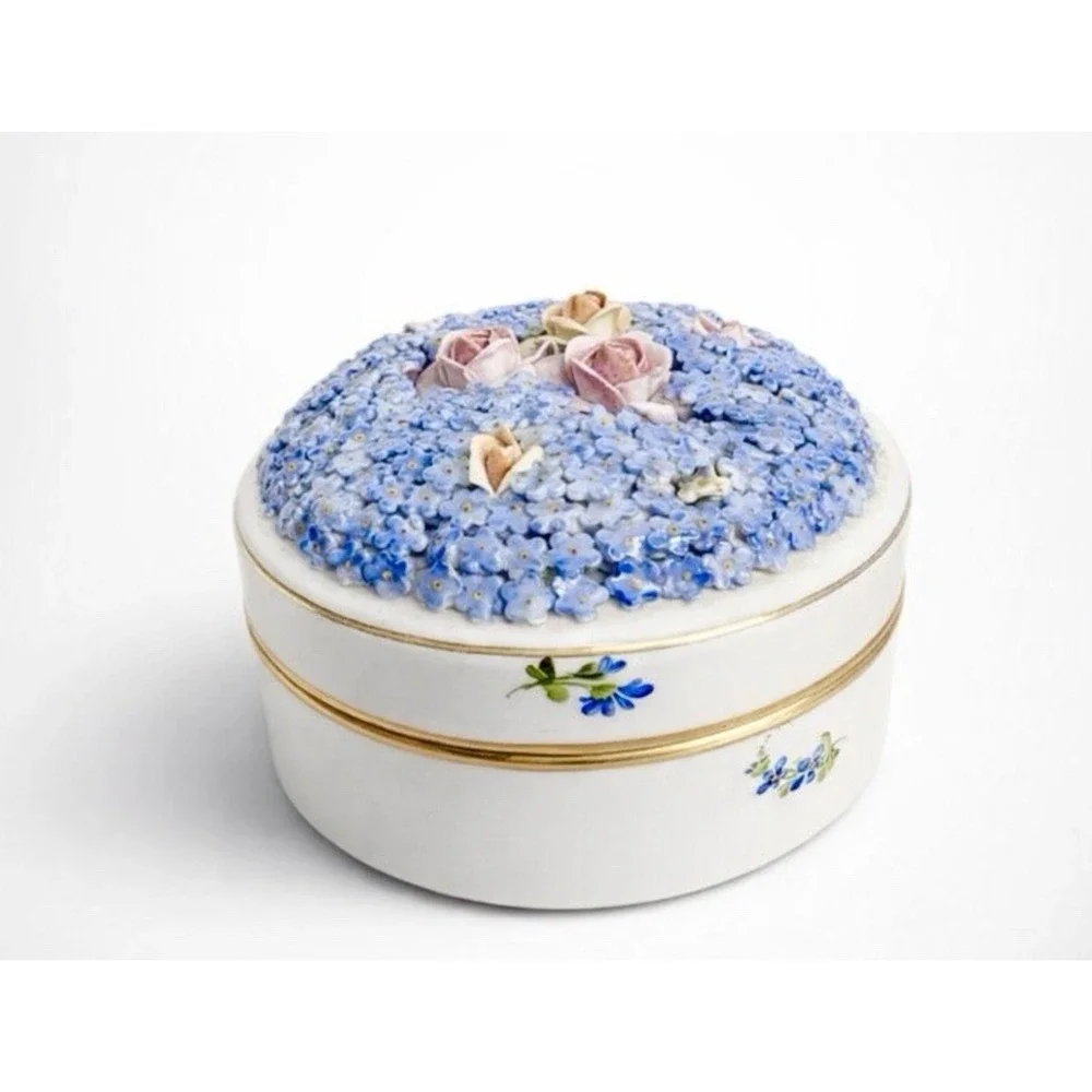 Vintage German Elfinware Porcelain Trinket Dish Applied Forget Me Nots Pink Rose